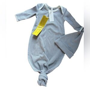 NWTS Quincy Mae knotted Baby Gown & Hat, Cream and Gray Striped, one size.